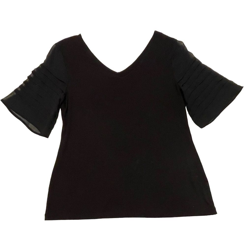 Soft Surroundings Double V-Neck Black Top Pleated Silk Sheer Sleeve Soft Modal M